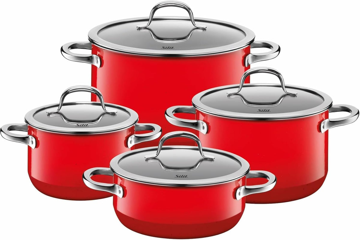 Silit Gasherd, rot, Passion Red Topfset 4-teilig, Töpfe mit Glasdeckel, Silargan Funktionskeramik, Induktionstöpfe