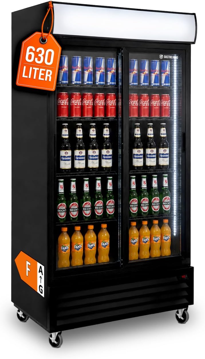 GastroHero Getränkekühlschrank, 630 L, Weiß, Leuchtaufsatz, Schiebetüren SC-630FS