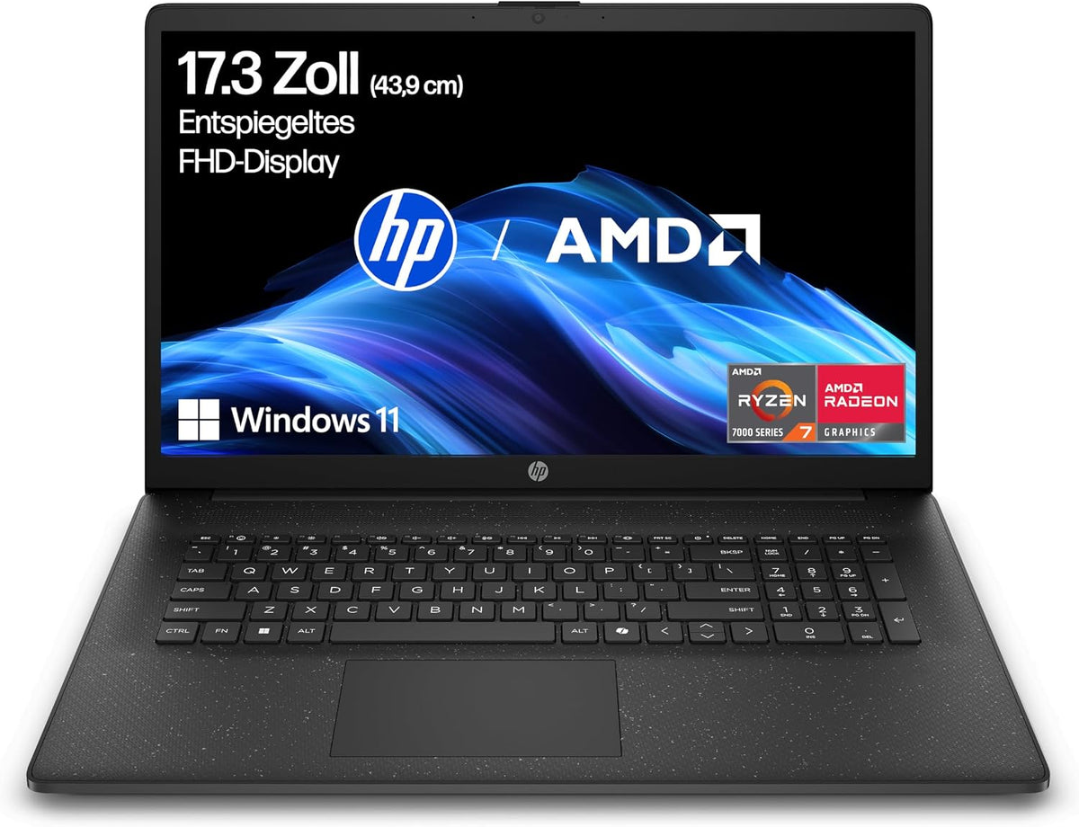 HP Laptop, Schwarz, mit 17, 3' FHD Display, AMD Ryzen 7 7730U, 16 GB DDR4 RAM, 512 GB SSD, AMD Radeon-Grafik, Windows 11