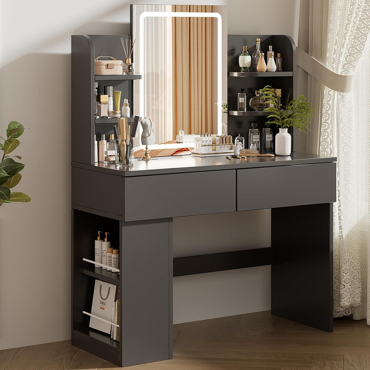 Schminktisch Airfish, Schwarz, mit Beleuchtung, mit Spiegel und Verdeckter LED Lichtleiste, DREI Farbtemperaturen und Helligkeit Einstellbar