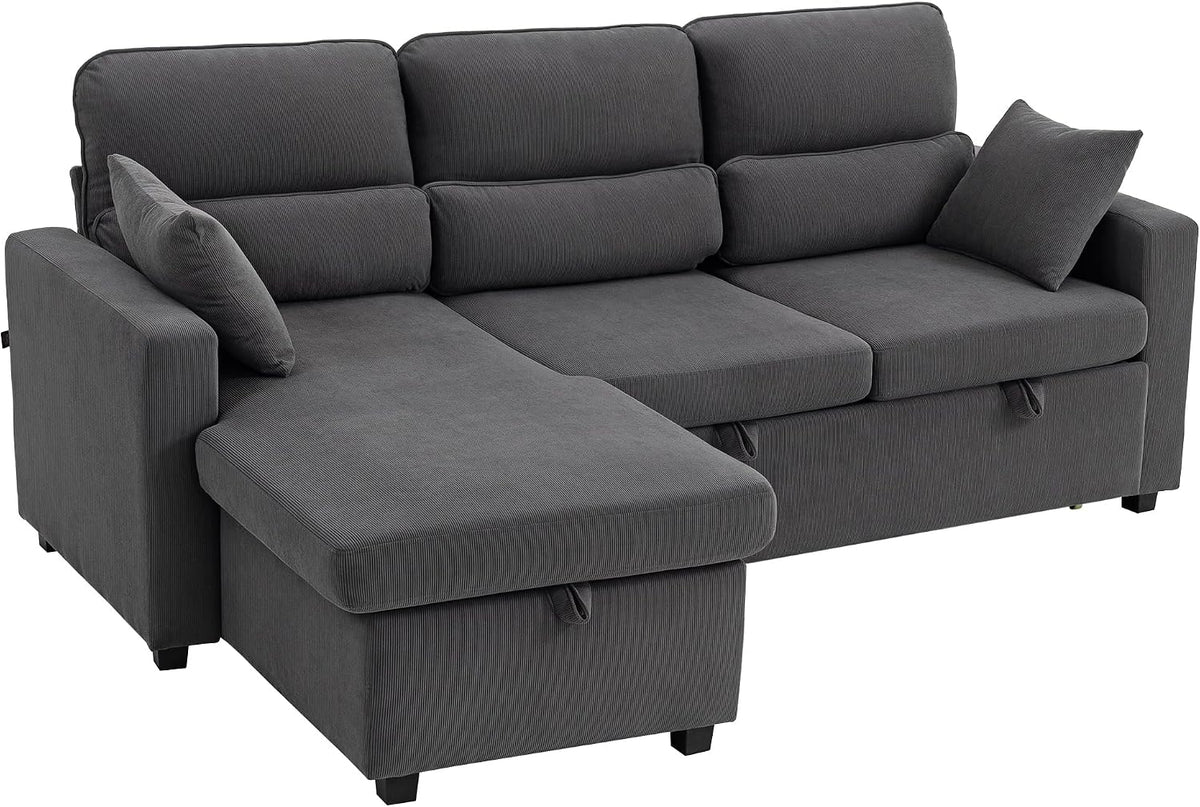 Sofa HOMCOM, Dunkelgrau, Eck mit Schlaffunktion L-Form Schlaf mit Bettkasten, Kissen, 3-Sitzer Wandelbare Eckcouch mit Cordoptik Schlafcouch
