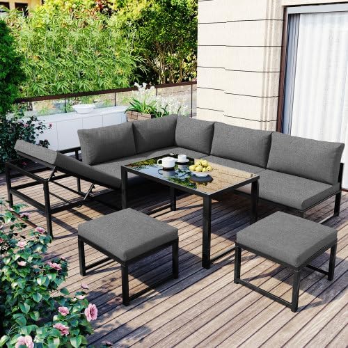Sofa muenfly, grau, Gartenmöbel Set Lounge 5-TLG, Aluminium Outdoor mit Liegefunktion & 4-Fach Verstellbarer, mit Tisch & 2 Hockern