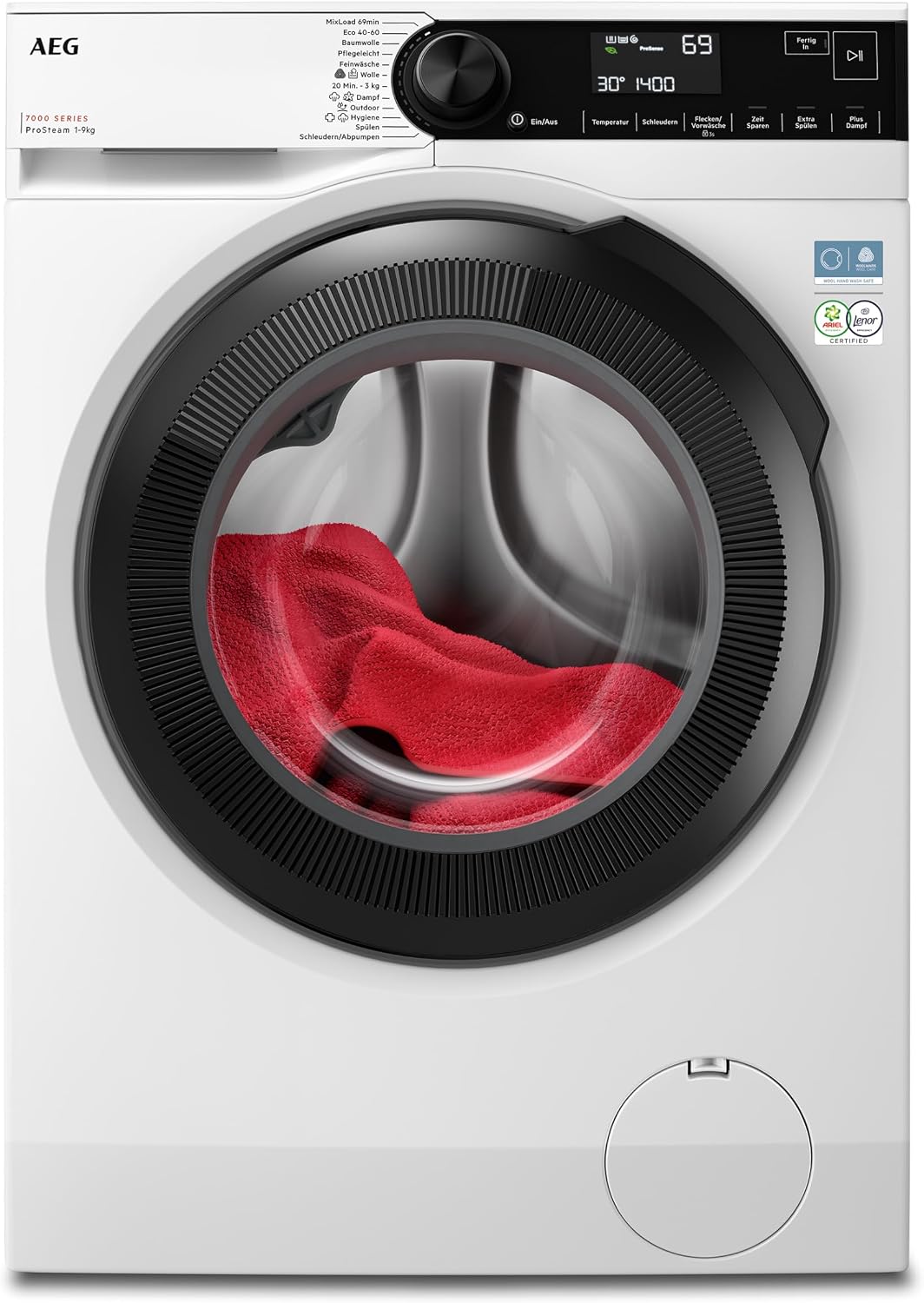 AEG Waschmaschine, 9 kg, Weiß, Serie 7000 ProSteam - Dampf-Programm, Weniger Bügeln & Mehr Frische, A-20%, Leise