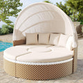 Lahoomu Bett, Beige, Garten-Lounge-Sessel-Set, Sonneninsel, Rattan-Gartentisch und Stühle-Set, Muschel-, ausziehbares Baldach