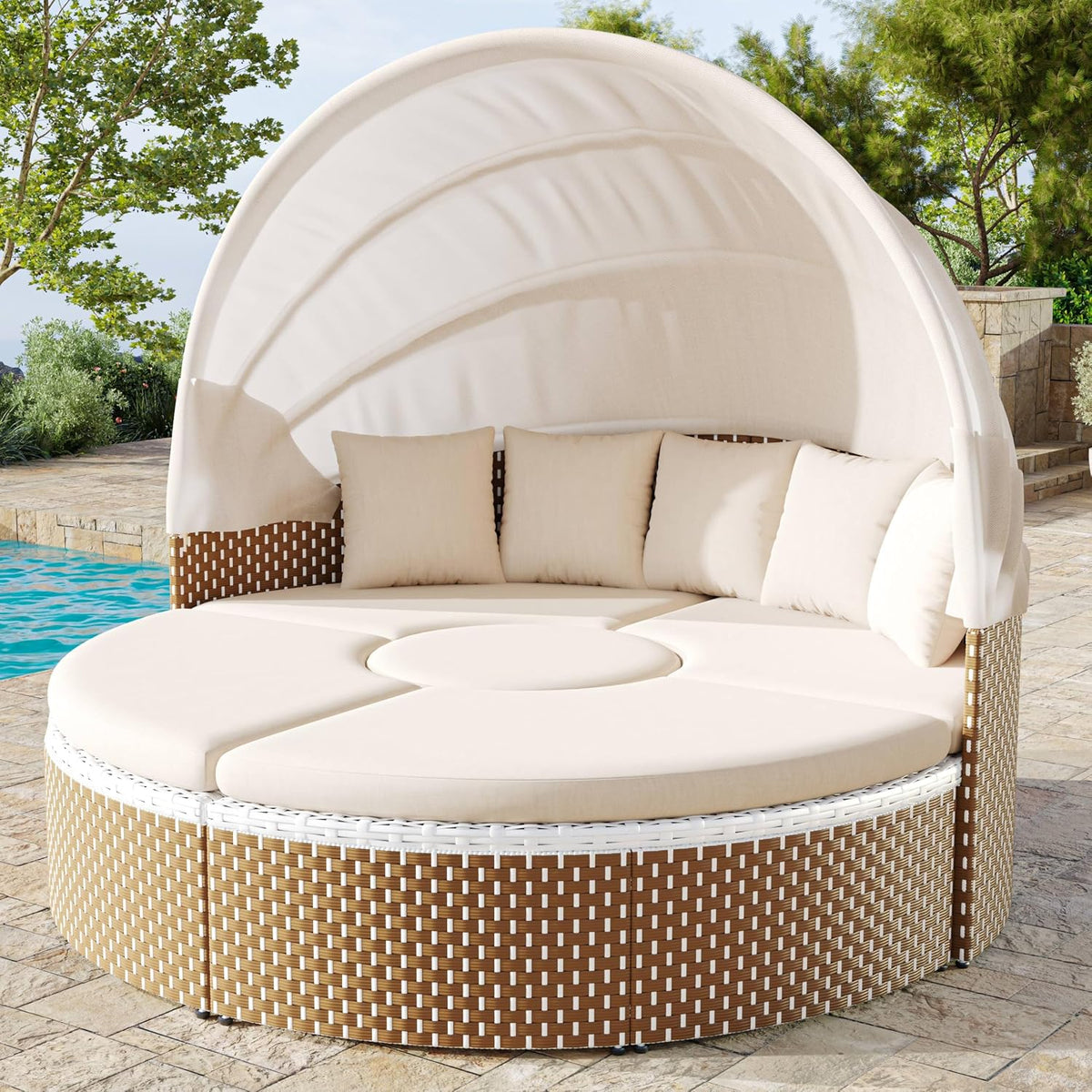Lahoomu Bett, Beige, Garten-Lounge-Sessel-Set, Sonneninsel, Rattan-Gartentisch und Stühle-Set, Muschel-, ausziehbares Baldach