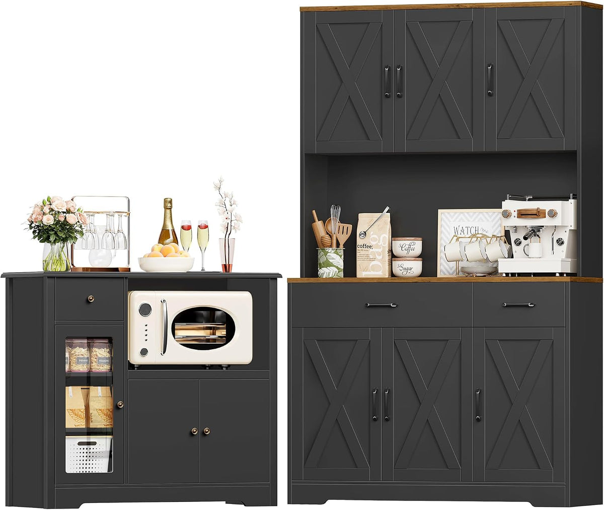 HOCSOK Mikrowelle, Holzwerkstoff (Melaminplatte), Schwarz, Küchenschrank Set, Buffetschrank mit Arbeitsplatte & Steckdosen