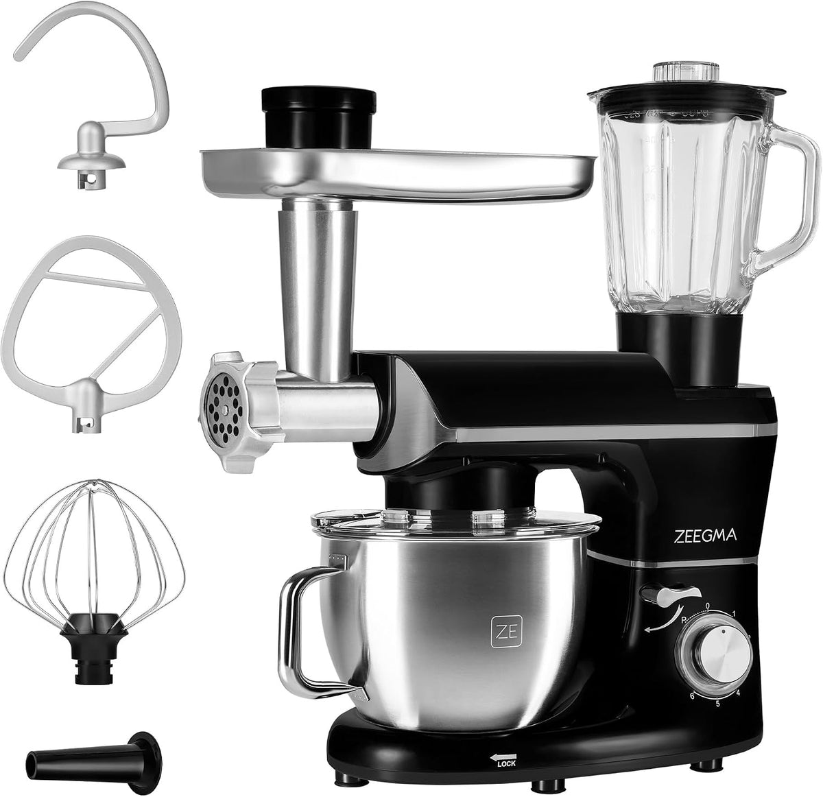Zeegma Universalküchenmaschinen, 1900 W, Schwarz/Silber, PLANEET MULTI 3-in-1-Planeten-Küchenmaschine, multifunktionale Küchenmaschine mit 6