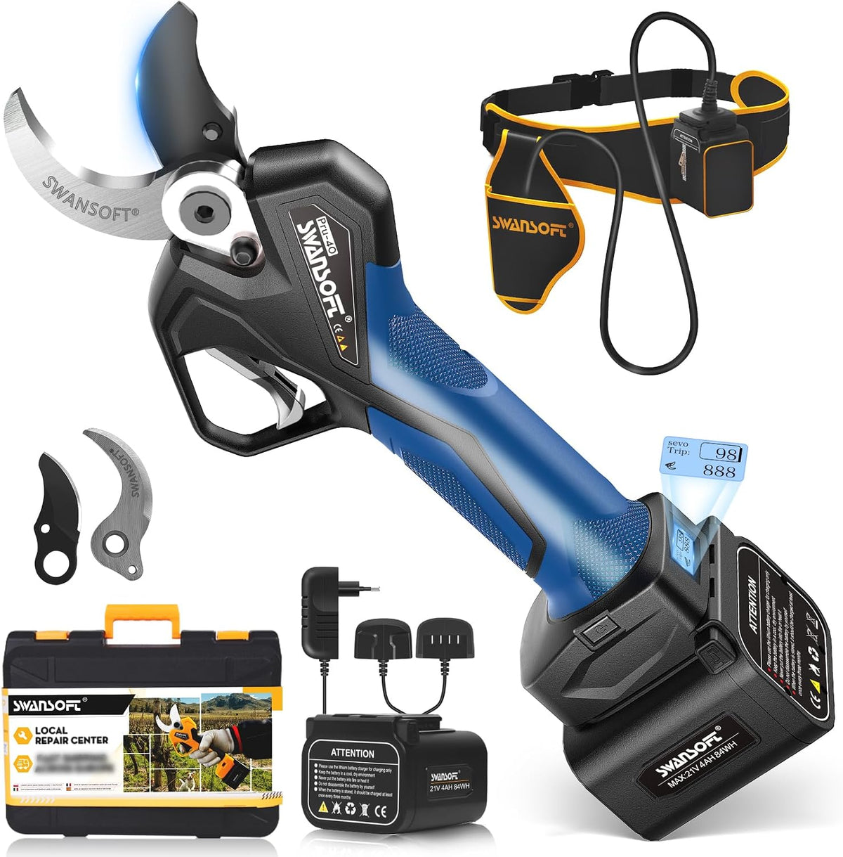 SWANSOFT Baumscheren & Gartenscheren, 1050 W, 40 mm, 21 V, 4 Ah, Blau/Schwarz, PRU40 Profi-Akku-Astschere mit LCD Anzeige