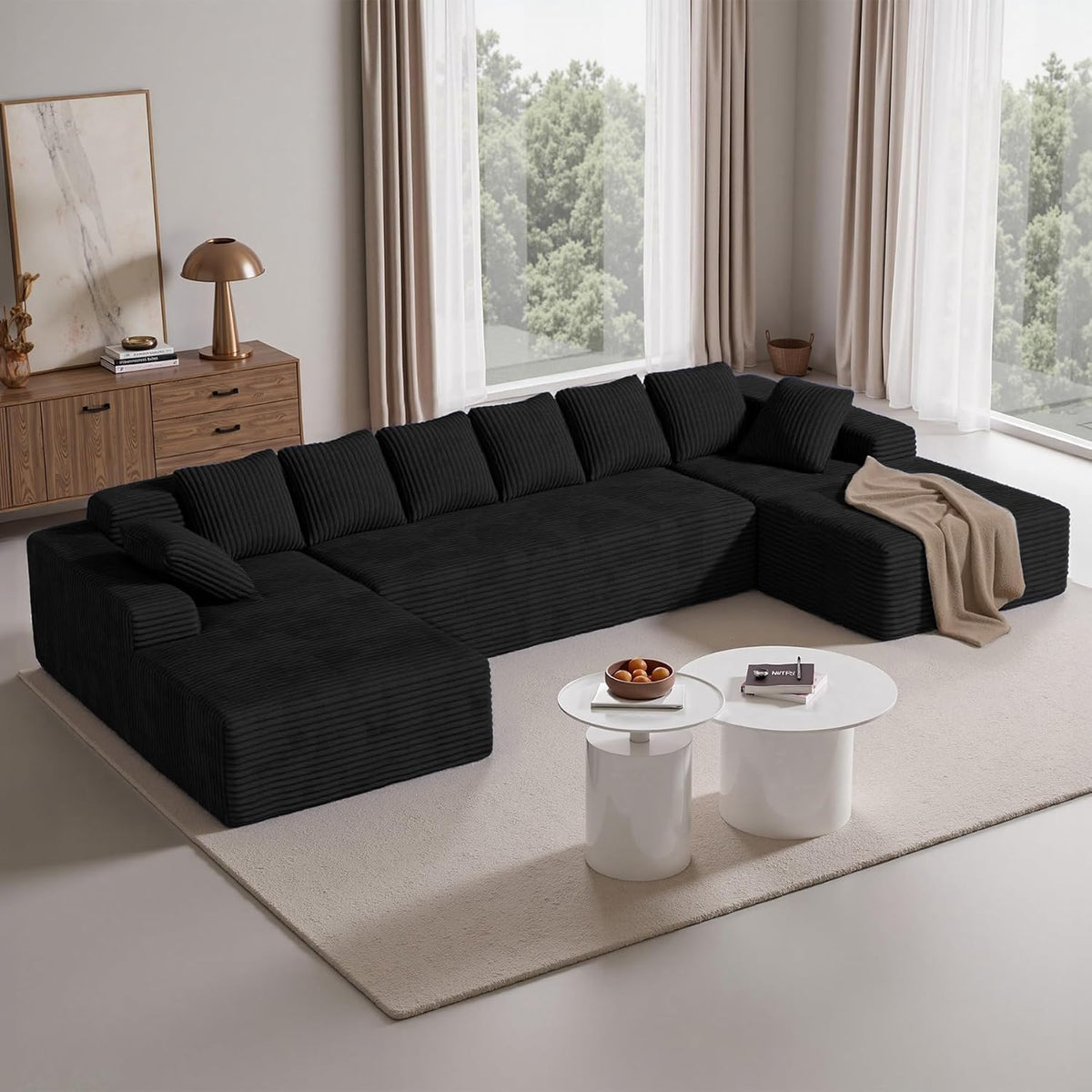 Sofa Aivermeil, Schwarz, U-förmige Modulare Cloud Couch 3-Sitzer, Verwendbar als L-Form Boneless Design Couch mit Hochdichtem