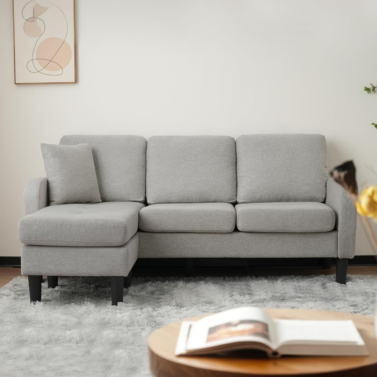 Sofa Cayipng, 185 x 118 x 82 cm, grau, Eck in L-Form mit Chaiselongue, 3-Sitzer-, atmungsaktiver Baumwoll- und Leinenstoff