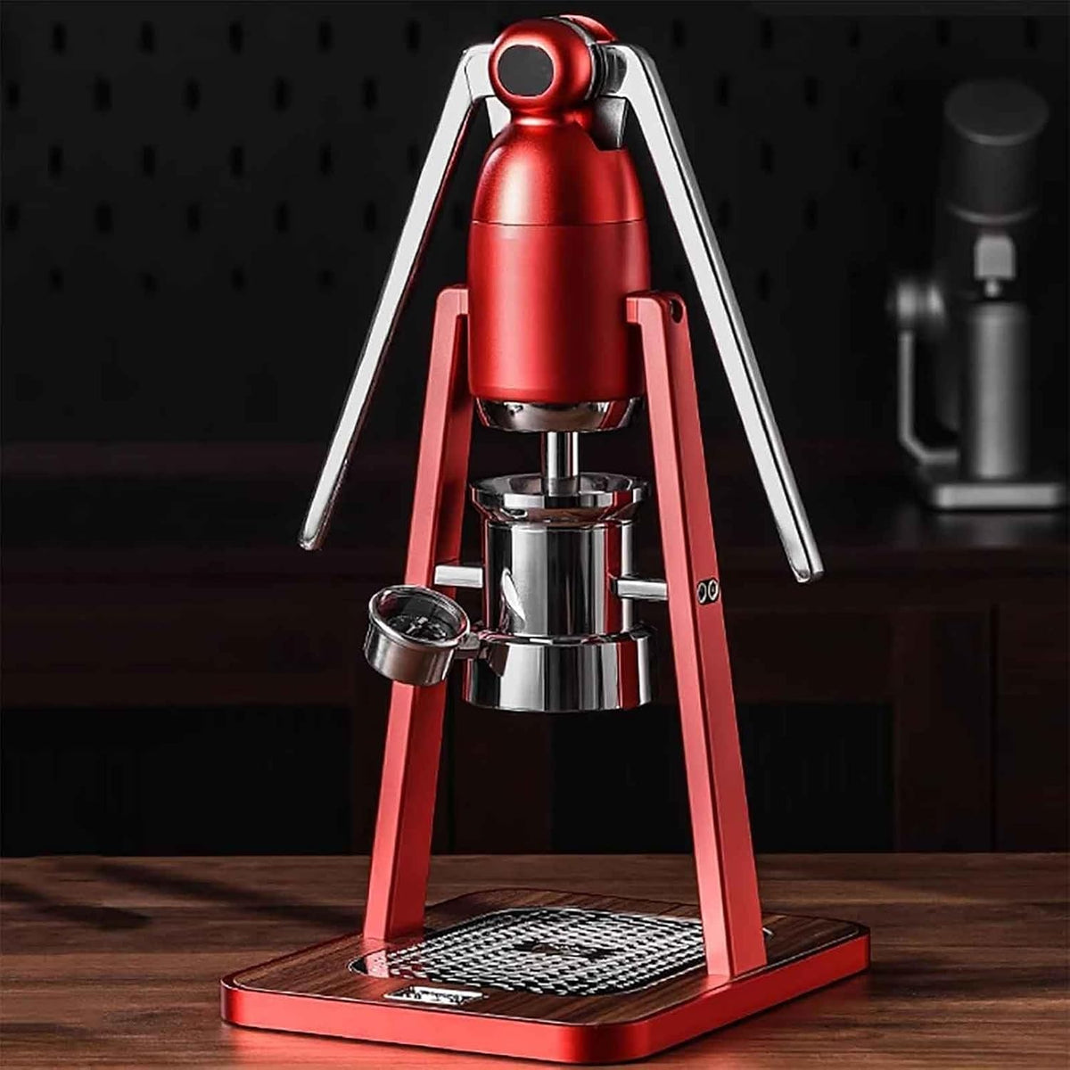 Manueller Kaffeemaschine, 58 mm, Edelstahl 304 + Aluminiumlegierung + Nussbaum + Silikon, Rot