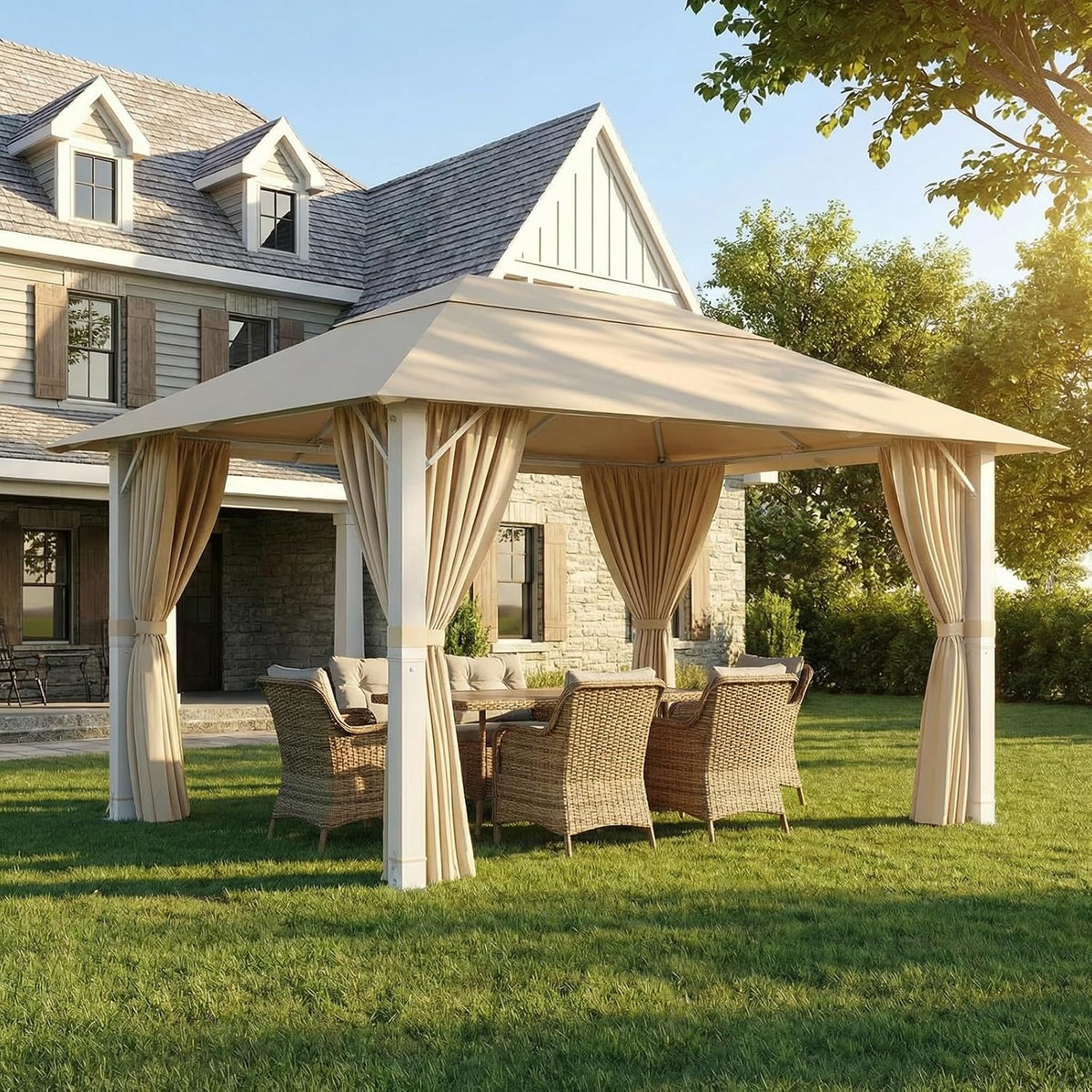 TRIUMPHKEY Pavillon, Beige, 3x4 Wasserdicht Stabil, Garten Winterfest, Partyzelt UV50+ Alu Pavillion, Falt für Garten