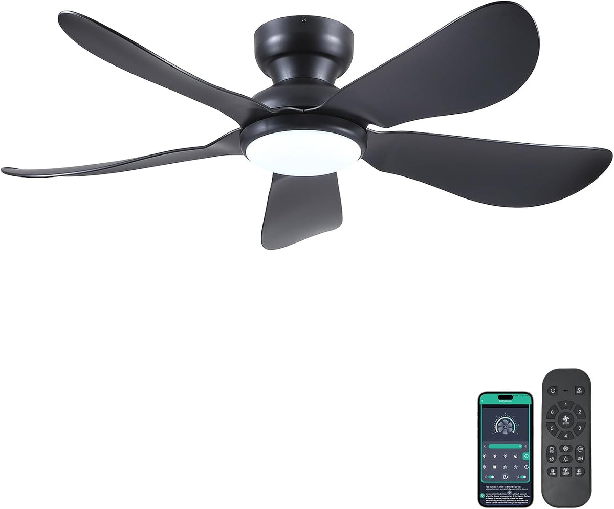 Kviflon Deckenventilator, 117 cm, Schwarz, Moderner mit Licht, Fernbedienung/APP-Steuerung, 5 Umkehrbare Klingen