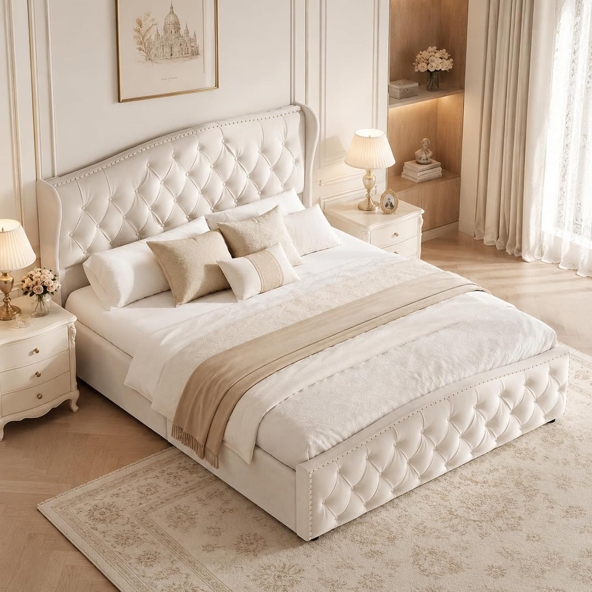 LKPOMI Bett, 140 x 200 cm, Beige, Polster 140x200 mit Stauraum, Hydraulisches Stauraum Jugend mit Kopfteil, Doppel gestell mit kasten und Lattenrost