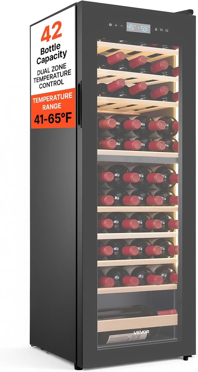 VEVOR Weinkühlschrank, Weiß, für 42 Flaschen, freistehend Flaschenkühlschrank mit Doppelzonen, für Hausbar, Büro