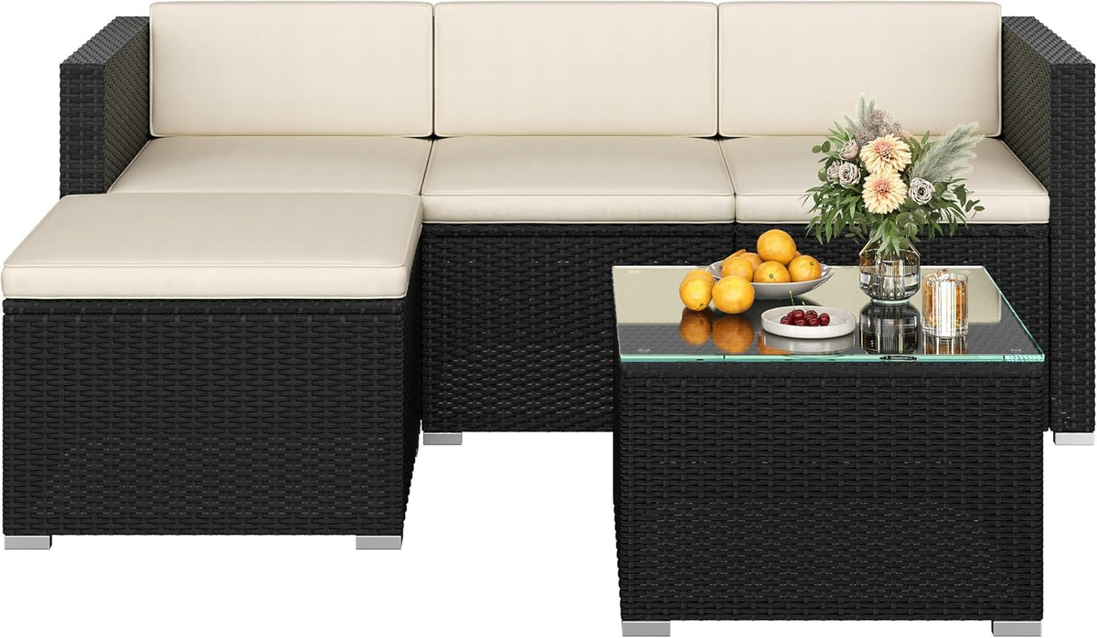 Sofa Yaheetech, Schwarz/Beige, 5er Gartenmöbel Set Balkonmöbel Set aus PE-Rattan