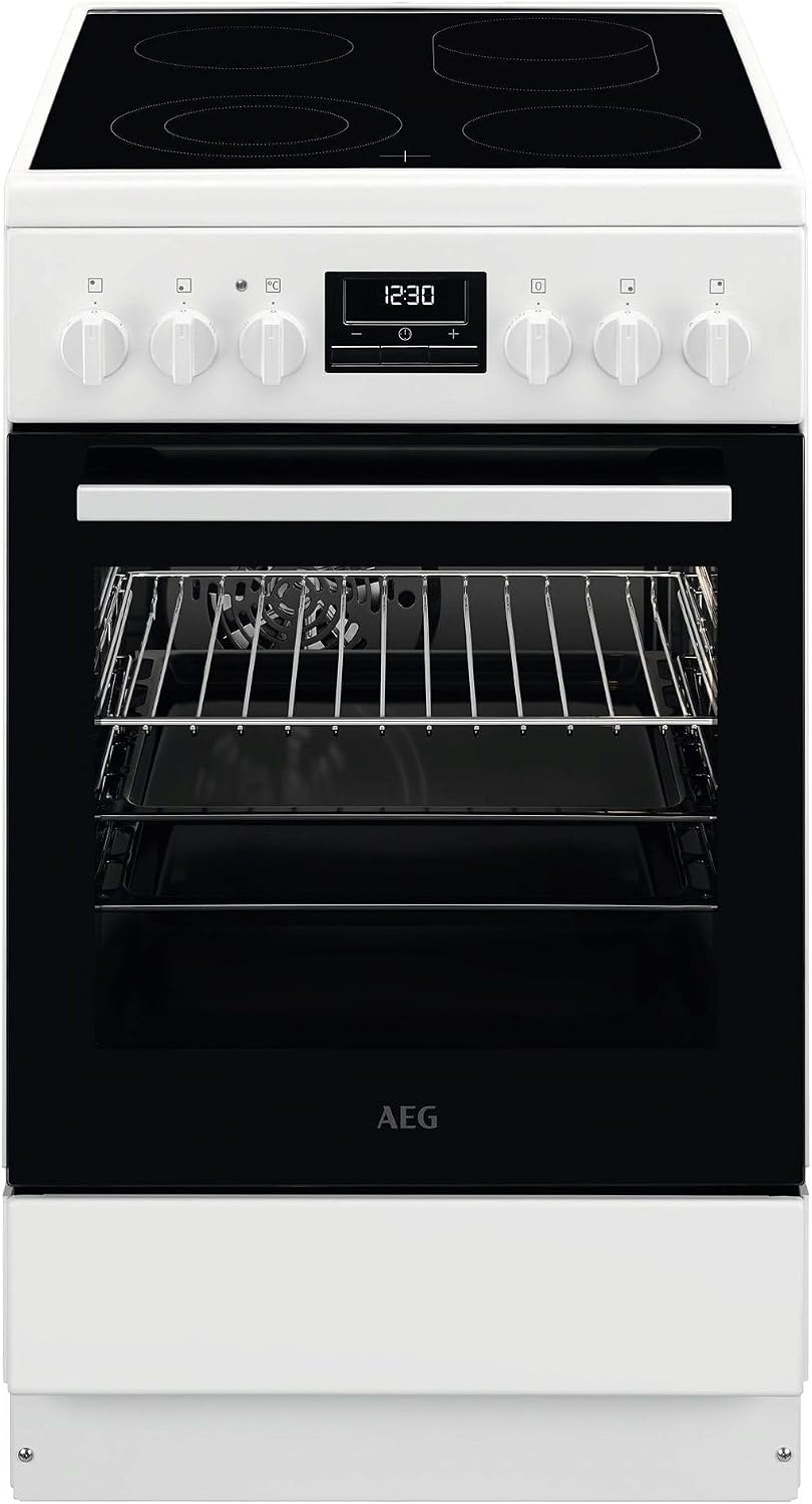 AEG Elektroherd, 50 cm, Weiß, Standherd mit Glaskeramik-Kochfeld, 1 Paar Teleskopschienen, Bräterzone, Mehrkreiskochzone