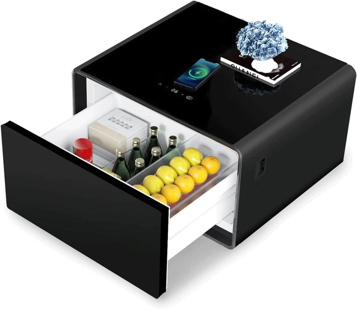 Beistelltisch, Weiß, Smart Nachttisch mit eingebautem Kühlschrank und kabellosem