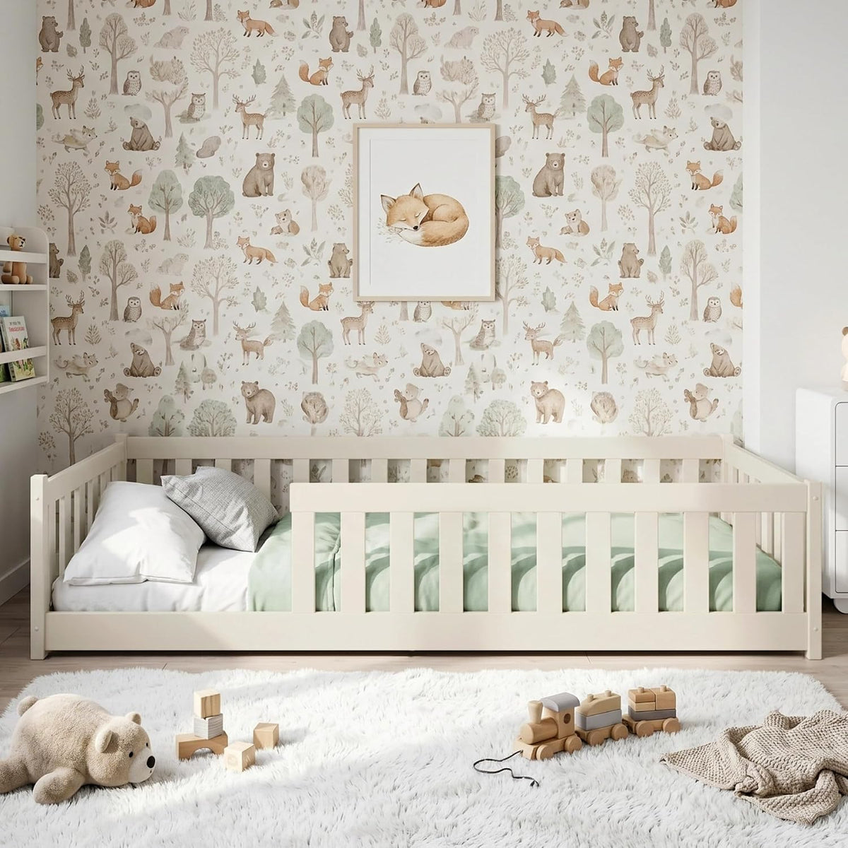 Kids Collective Bett, 90x200 cm, FSC-Zertifiziertes Kiefernholz, Schwarz, Kinder Boden mit Rausfallschutz & Lattenrost Montessori Bed