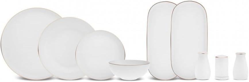 KARACA Mikrowelle, Gold, Favaro 53-teiliges Tafelservice für 12 Personen, New Bone China Geschirrset, Weiß mit rand