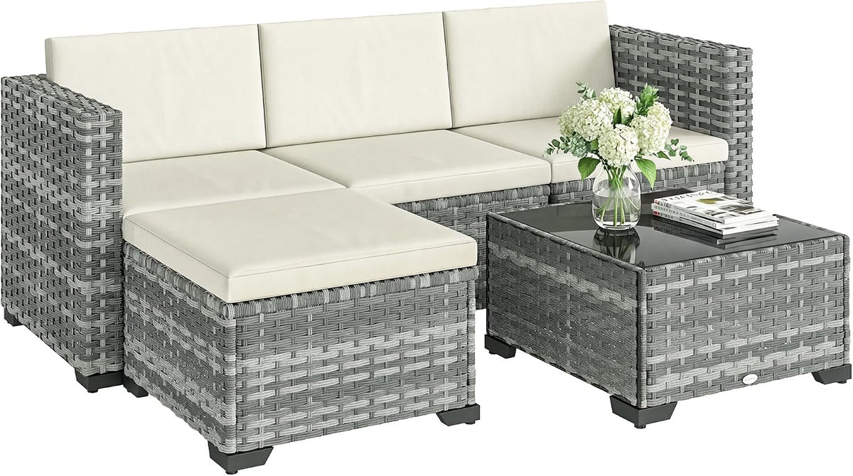 Sofa Outsunny, Grau, Polyrattan Gartenmöbel Set 5-teilig, Lounge Set mit Eck Hocker Tisch Sitz- & Rückenkissen