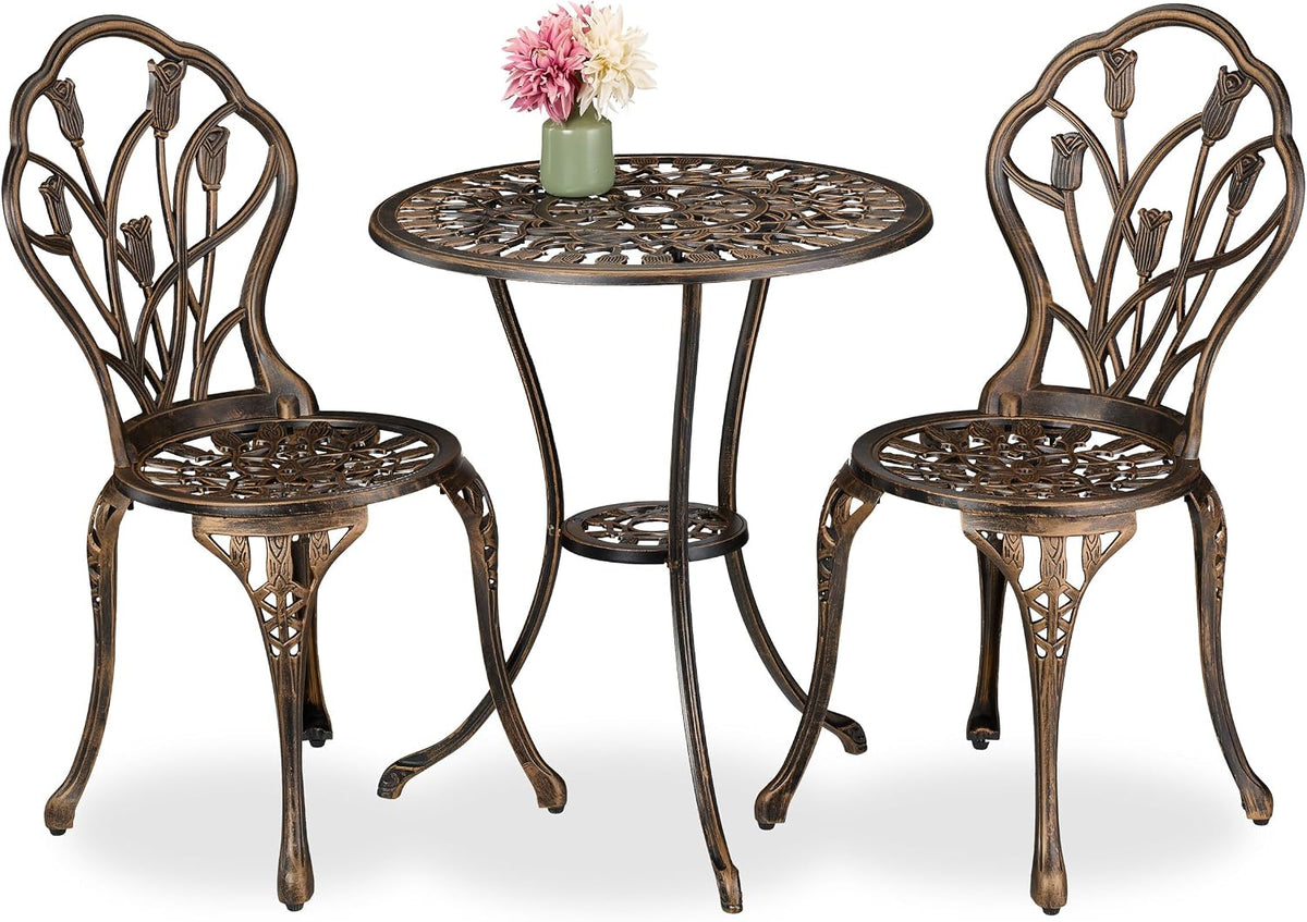 Relaxdays Gartenmöbel-Set, schwarz, Gartenmöbel Set 3-teilig, Tisch, 2 Stühle, Aluguss, Balkonmöbel Antikdesign