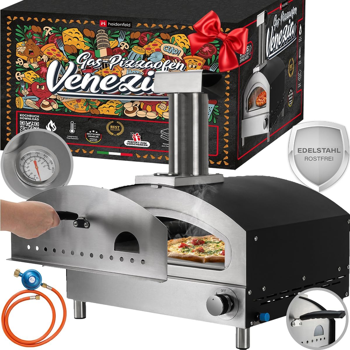 heidenfeld Pizzaofen, Silber, Gas Venezia, Gasofen - 500°C - Pizza Ofen - Pizzamaker - Edelstahl