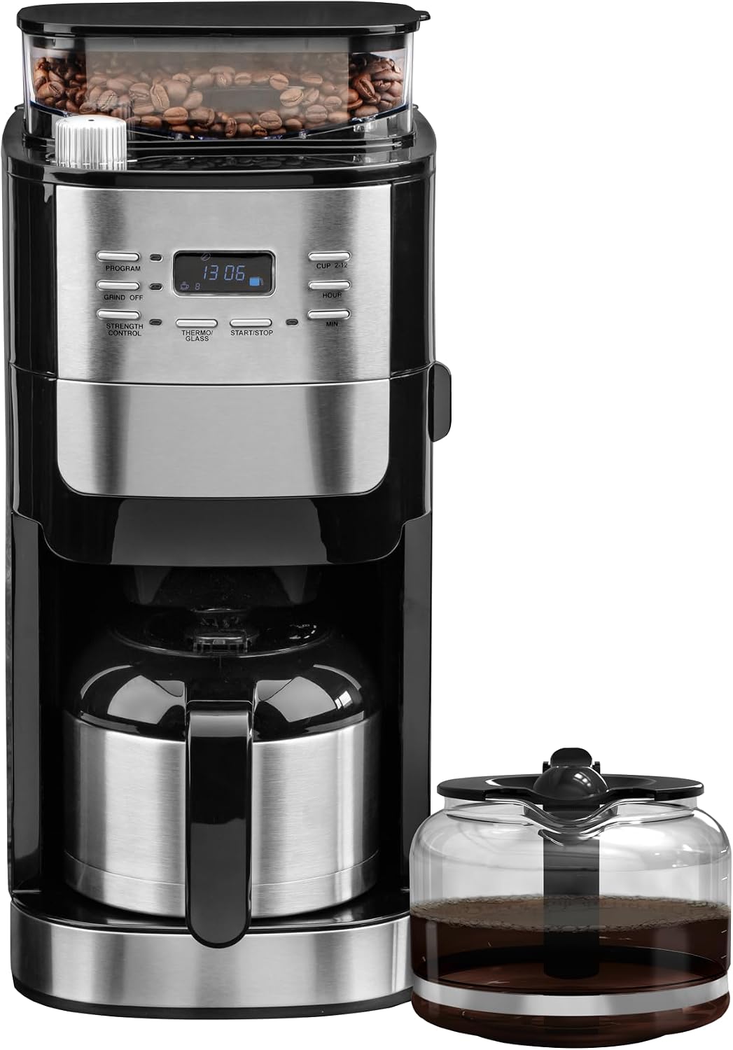 Chef Cuisine International Kaffeemaschine, 1050 W, Silber, Filter- mit Mahlwerk & Thermoskanne (2 in 1 Set), für Ganze Bohnen & Pulver