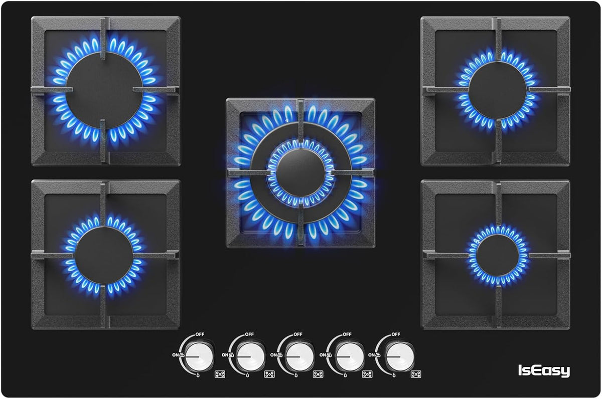 Gaskochfeld Kochfeld, 10.5KW, 77 cm, Schwarz, 5 Flammig, IsEasy Glas mit Automatischer Thermoelementschutz, Einbau 5 Zonen Glas