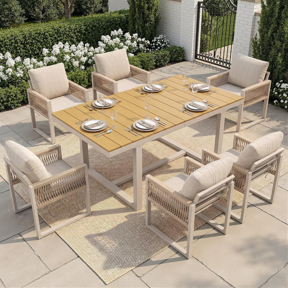 Lahoomu Essgruppe, Beige, Garten- 1 Tisch + 6 Stühle, Outdoor-Esstisch-Set mit Seilgeflecht & Kissen Wetterfest