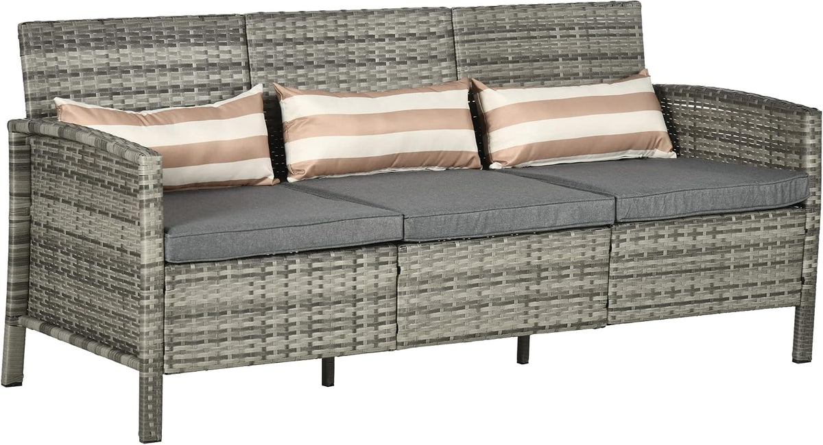 Sofa Outsunny, 173 x 68 x 78 cm, Grau, Rattan mit Kissen, Dreisitzer, Garten Lounge, Stahl