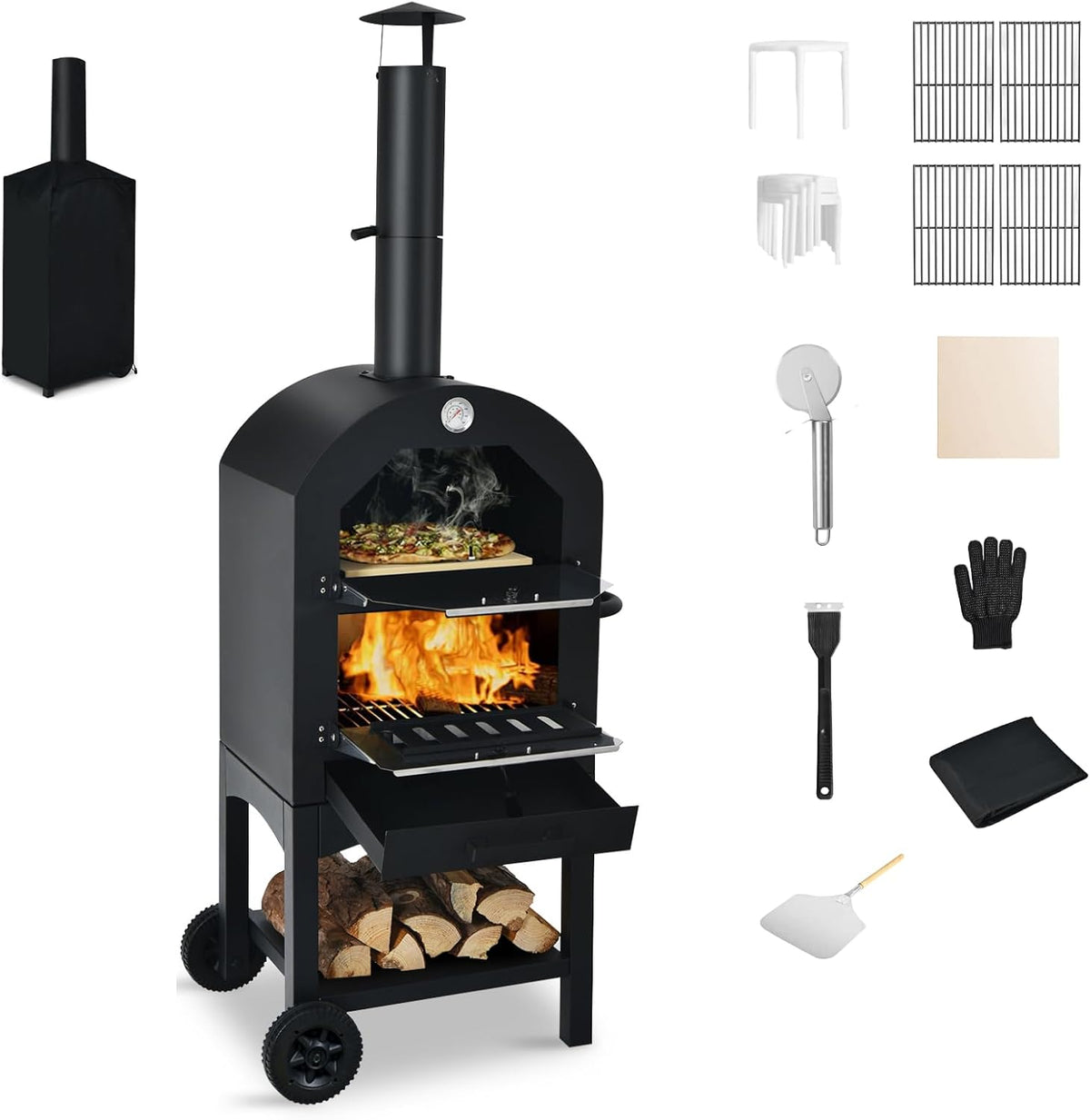 KOMFOTTEU Pizzaofen, Schwarz, für den Außenbereich, tragbarer Holzofen aus Eisen, Mini-Ofen 2 Ebenen, Pizza Backofen mit Pizzaste