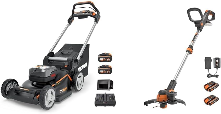 WORX Rasentrimmer, 40 V, 20 V, Schwarz, WG749E Akku Rasenmäher (2x ) PowerShare, Radantrieb & WG163E Akku, Kantenschneider Rasen