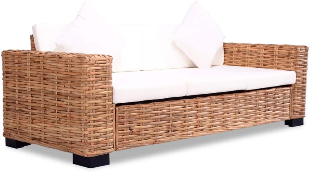 CIOURSTO Sofa, Braun/Weiß, 3-Sitzer, Natürliches Rattan Lounge, Rattan mit Sitz- & Rückenpolster und Kissen, Couch Sitzmöbel (3-Seater)