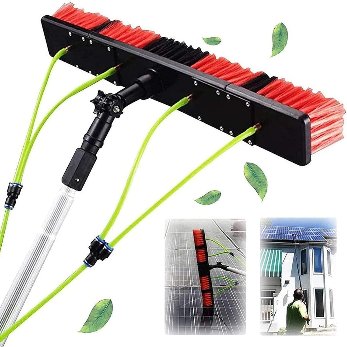 WXPGFEQ Fensterabzieher, 50 cm, 3 m, Schwarz/Rot/Grün, Teleskopbürste mit Wasserzufuhr für die Fensterreinigung