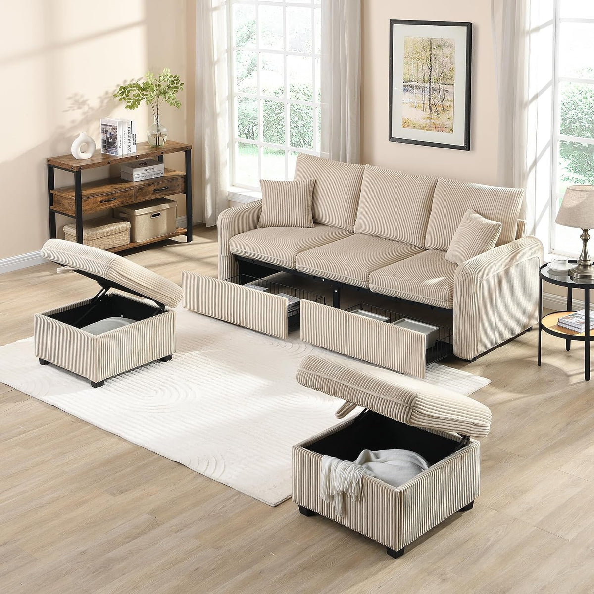 Sofa Zravenna, Beige, Polster mit Stauraum - Inklusive Schubladen + Hocker mit, modular zerlegbares Eck Set, Cord-Stoff